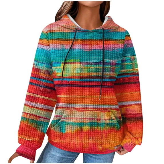 Hoodies for Women Pullover Plus Size Waffle Pockets Hooded Tops Color Block Long Sleeve Sweatshirts with Hood (Orange S)