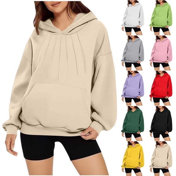 Hoodies for Women Pullover Pocket Long Sleeve Casual Solid Color Sweatshirt Sport Tops with Drawstring Winter Style