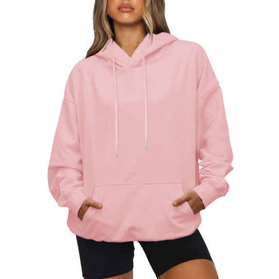 Hoodies for Women Solid Fall Sweatshirt Casual Long Sleeve Drawstring Pocket Ladies Pullover Tops