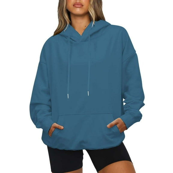 Hoodies for Women Solid Fall Sweatshirt Casual Long Sleeve Drawstring Pocket Ladies Pullover Tops
