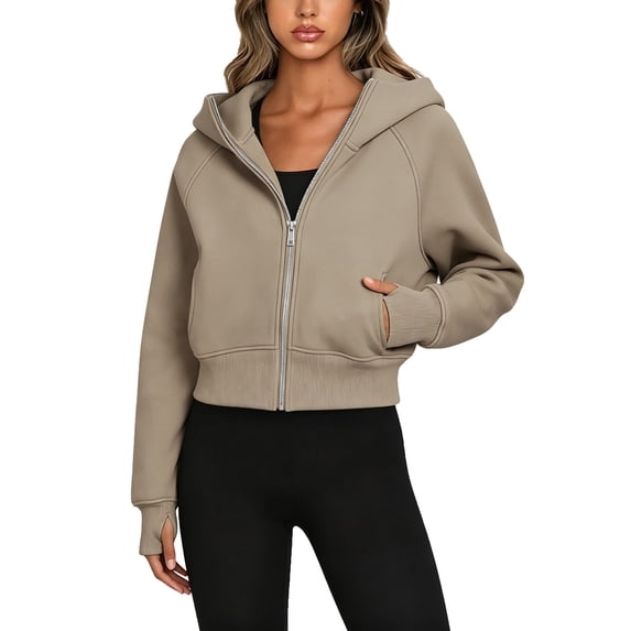 Hoodies for Women Solid Long Sleeve Sweatshirt Casual Zip Up Cropped Pullover Tops Fleece Lined Winter