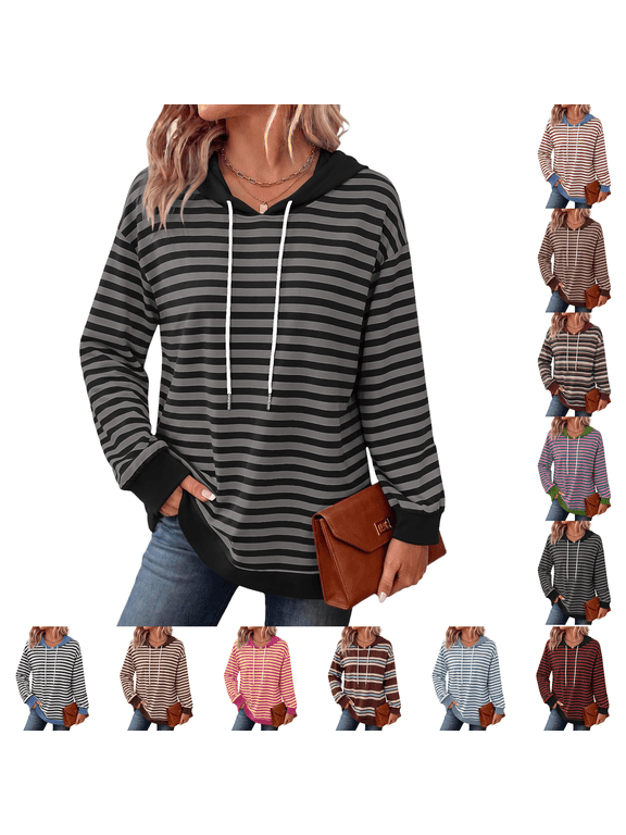 Hoodies for Women Striped Sweatshirt Long Sleeve Top Fall Winter Clothes Fashion Clothing Lightweight Dressy Casual Drawstring Hood Black S