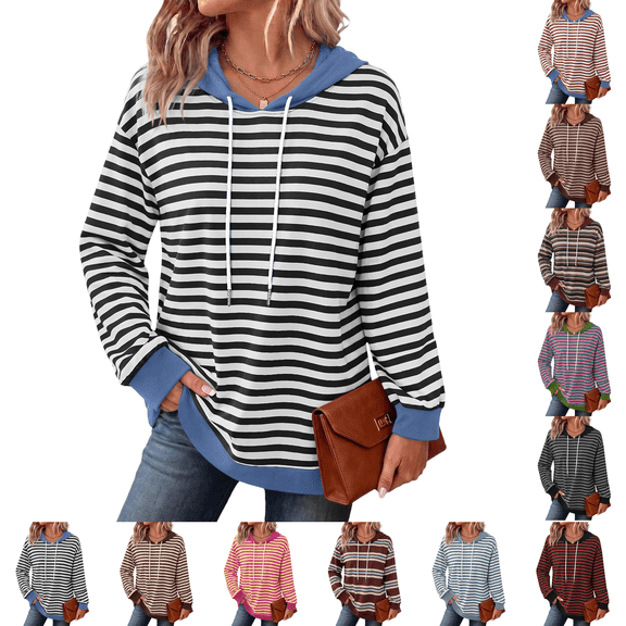 Hoodies for Women Striped Sweatshirt Long Sleeve Top Fall Winter Clothes Fashion Clothing Lightweight Dressy Casual Drawstring Hood Blue M