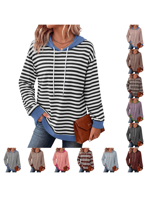 Hoodies for Women Striped Sweatshirt Long Sleeve Top Fall Winter Clothes Fashion Clothing Lightweight Dressy Casual Drawstring Hood Blue M