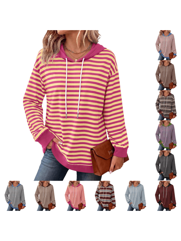 Hoodies for Women Striped Sweatshirt Long Sleeve Top Fall Winter Clothes Fashion Clothing Lightweight Dressy Casual Drawstring Hood Hot Pink S