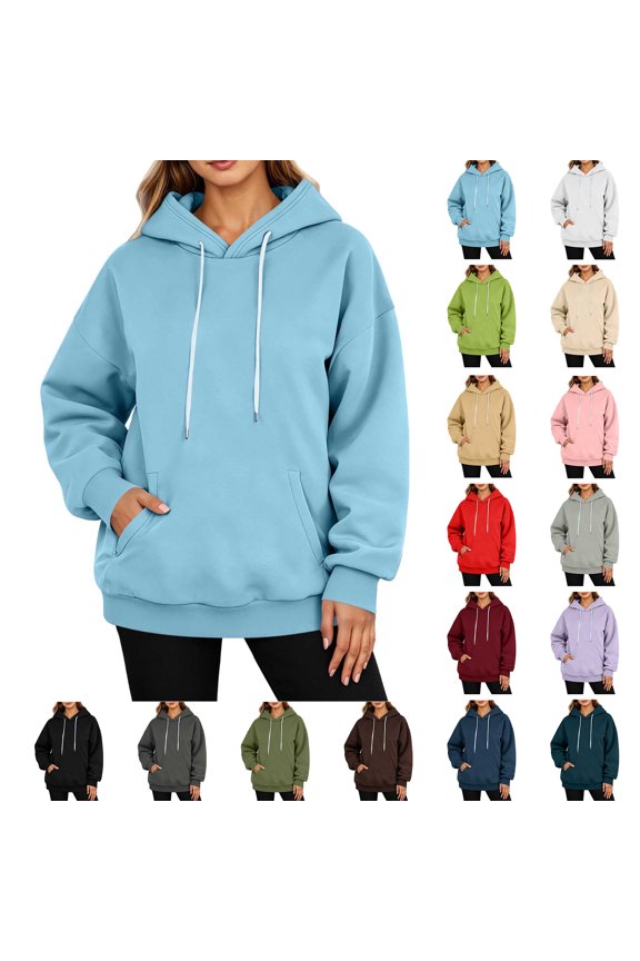 Hoodies for Women Sweatshirt Trendy-Women's Plain Long Sleeve Pullover Tops with Pockets Fashion S