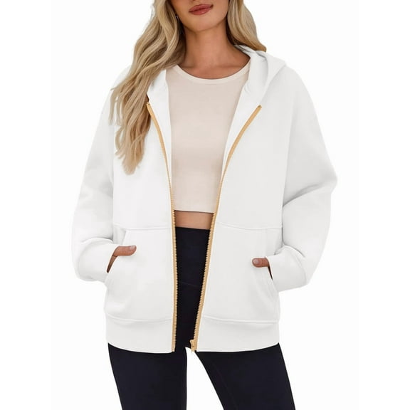 Hoodies for Women Sweatshirt Zip Up Hoodie Fall Fashion Trendy Long Sleeve Jackets Winter Clothing Outfits White L