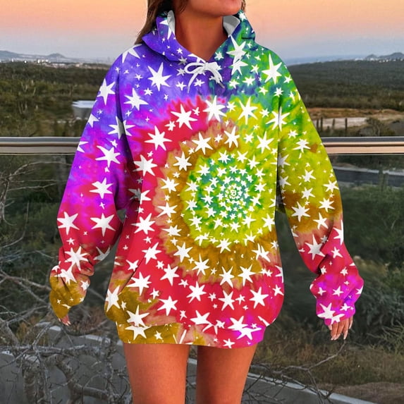 Hoodies for Women Tie-Dye Graphic Hoodies Star Print Hoodie Drawstring Sweatshirts Pocket Pullover S