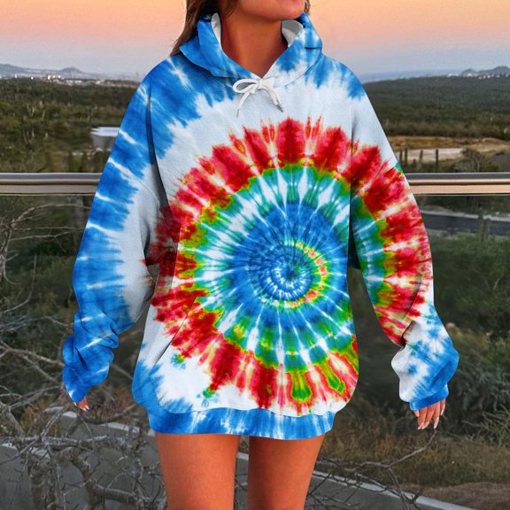 Hoodies for Women Tie-Dye Graphic Hoodies y2k Print Hoodie Drawstring Sweatshirts Pocket Pullover Tops M