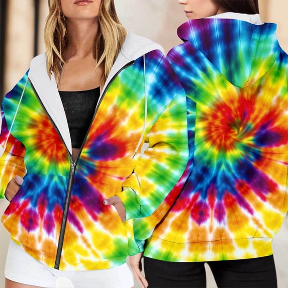Hoodies for Women Tie Dye Print Hooded Long Sleeve Loose Fit Zip Up Pockets Drawstring Jacket for Casual Wear Sweatshirts for Women Multicolour L