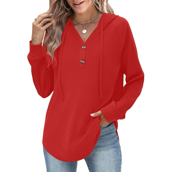 Hoodies for Women Trendy Button V Neck Fleece Sweatshirt Long SLeeve Casual Loose Pullover Tops Fall Fashion Shirts