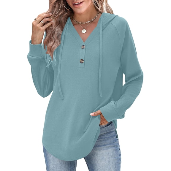 Hoodies for Women Trendy Button V Neck Fleece Sweatshirt Long SLeeve Casual Loose Pullover Tops Fall Fashion Shirts