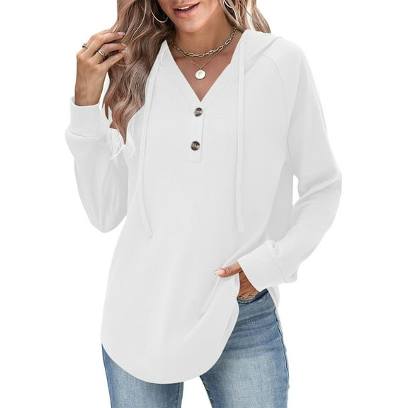 Hoodies for Women Trendy Button V Neck Fleece Sweatshirt Long SLeeve Casual Loose Pullover Tops Fall Fashion Shirts