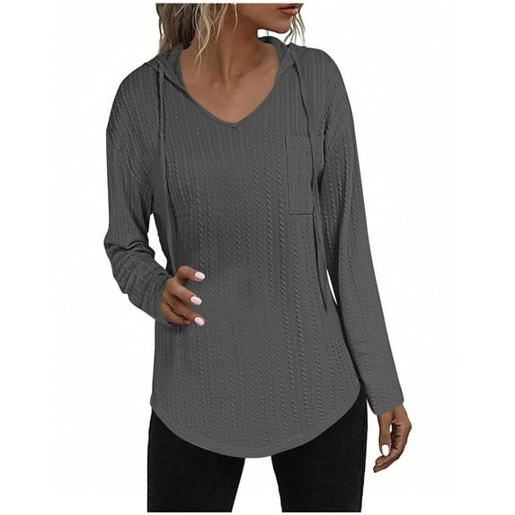 Hoodies for Women Trendy Fall Fashion V Neck Long Sleeve Sweatshirt Solid Color Fashion Tops Clothes with Pockets S-2XL