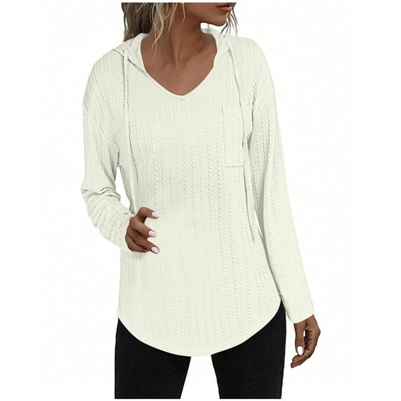 Hoodies for Women Trendy Fall Fashion V Neck Long Sleeve Sweatshirt Solid Color Fashion Tops Clothes with Pockets S-2XL