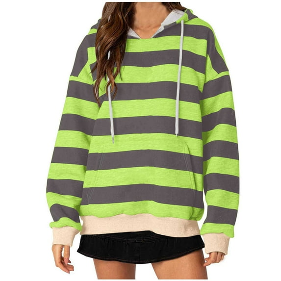 Hoodies for Women Trendy Striped Hoodie with Pocket Long Sleeve Hooded Drawstring Sweatshirt Colorblock Pullovers (4XL, Green)