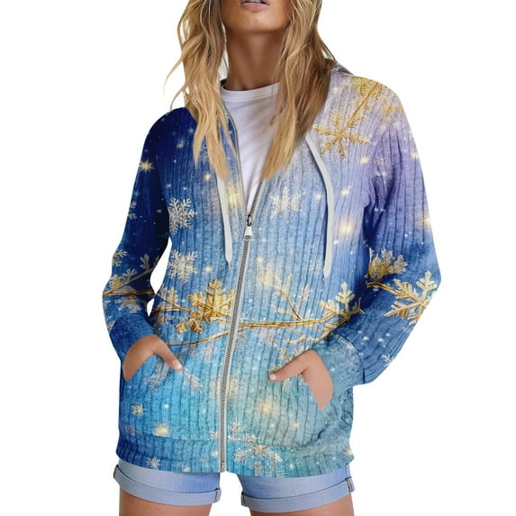 Hoodies for Women, Trendy Tops with Christmas Print, Long Sleeve Sweatshirt with Pockets, Pullover Lightweight for Casual Fall Fashion,Blue,S
