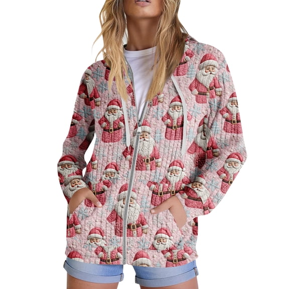 Hoodies for Women, Trendy Tops with Christmas Print, Long Sleeve Sweatshirt with Pockets, Pullover Lightweight for Casual Fall Fashion,Pink,S