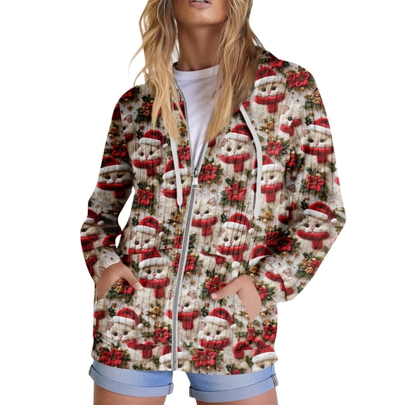 Hoodies for Women, Trendy Tops with Christmas Print, Long Sleeve Sweatshirt with Pockets, Pullover Lightweight for Casual Fall Fashion,Red,S