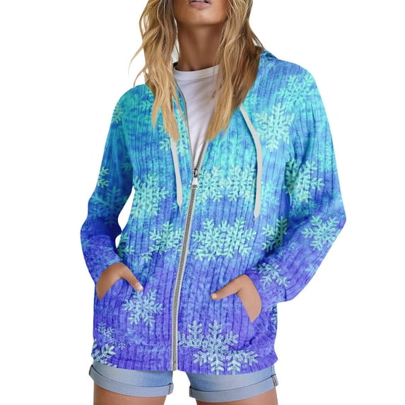 Hoodies for Women, Trendy Tops with Christmas Print, Long Sleeve Sweatshirt with Pockets, Pullover Lightweight for Casual Fall Fashion,Sky Blue,L