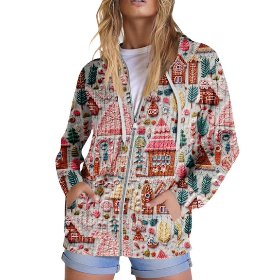 Hoodies for Women, Trendy Tops with Christmas Print, Long Sleeve Sweatshirt with Pockets, Pullover Lightweight for Casual Fall Fashion,White,S