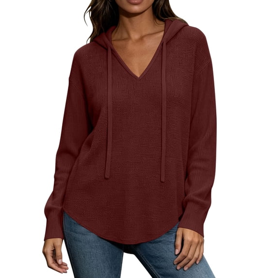 Hoodies for Women V Neck Waffle Knitted Long Sleeve Drawstring Pullover Sweatshirt Casual Fall Winter Top