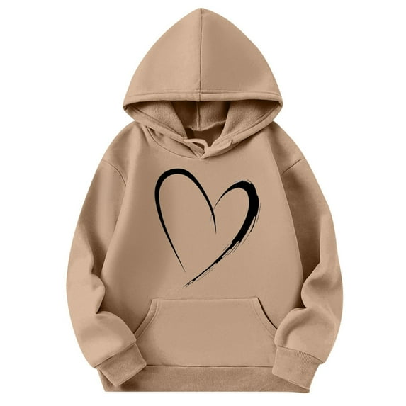 Hoodies for Women Valentine's DayValentines Day Women Hoodies Heart Print Long Sleeve Pullover Soft Sweatshirt Outerwear,Khaki