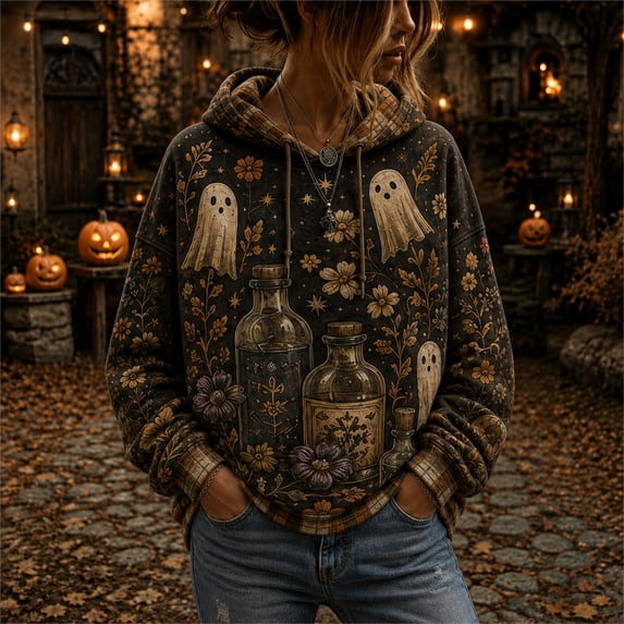 Hoodies for Women Vintage Witchy Halloween Graphic Pullover Sweatshirt Long Sleeve Drawstring Hoodie Loose Casual Fall Holiday Top Black XXL