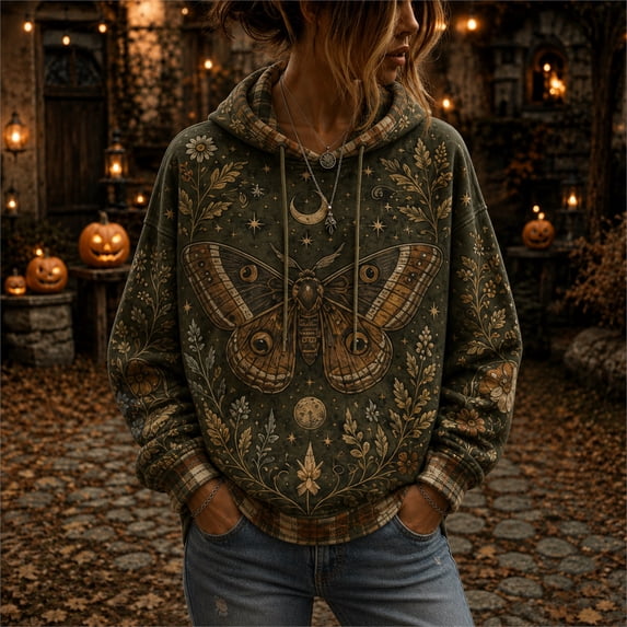 Hoodies for Women Vintage Witchy Halloween Graphic Pullover Sweatshirt Long Sleeve Drawstring Hoodie Loose Casual Fall Holiday Top Blue XL