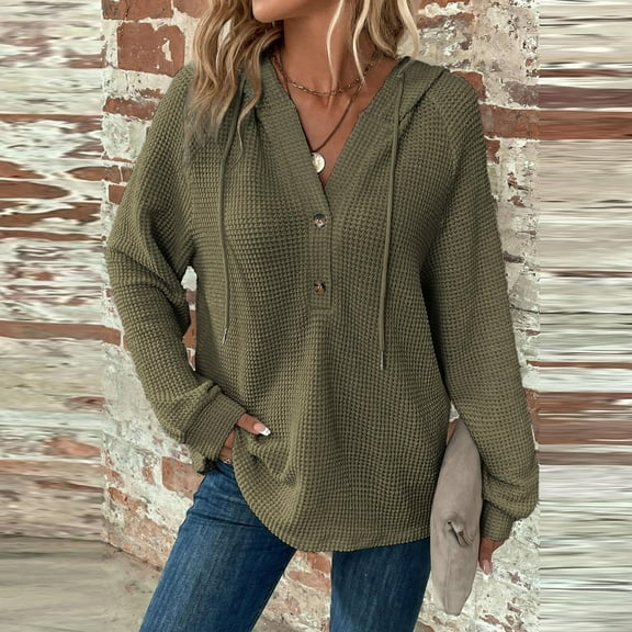 Hoodies for Women Waffle Knit Long Sleeve Drawstring Button V Neck Casual Pullover Sweatshirt Hooded Tops Army Green S