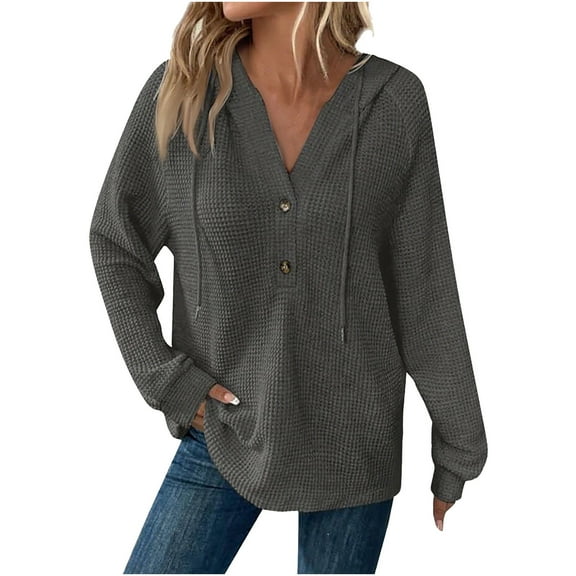 Hoodies for Women Waffle Knit Long Sleeve Drawstring Button V Neck Casual Pullover Sweatshirt Hooded Tops