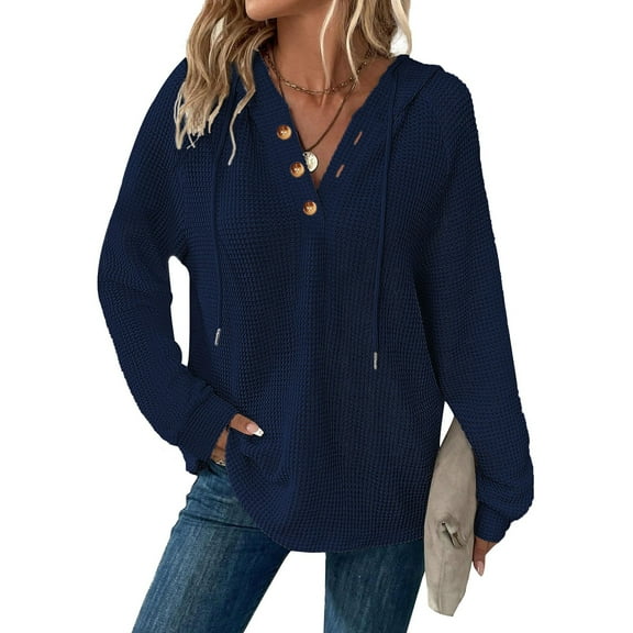 Hoodies for Women Waffle Knit V Neck Oversized Sweatshirt Button Down Drawstring Hooded Pullover Tops for Fall 2025 Navy XL