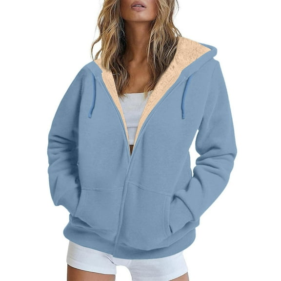 Hoodies for Women Winter Fleece Sweatshirt - Full Zip Up Thick Lined Hooded Jacket Light Blue M