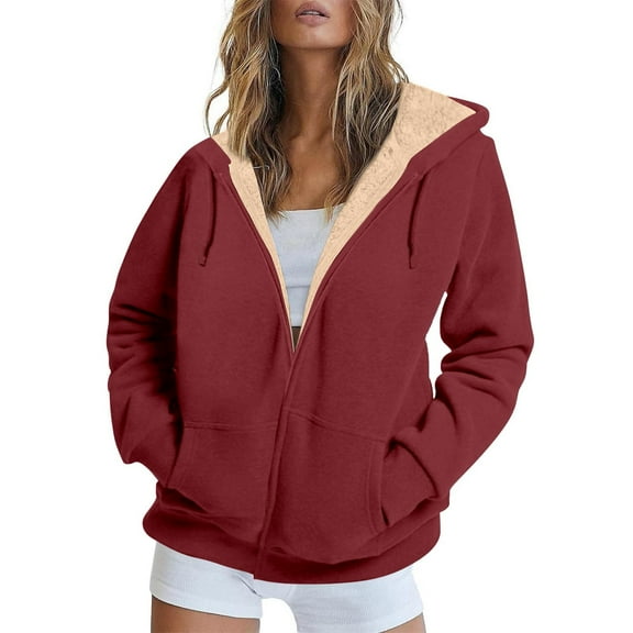 Hoodies for Women Winter Fleece Sweatshirt - Full Zip Up Thick Lined Hooded Jacket Wine M