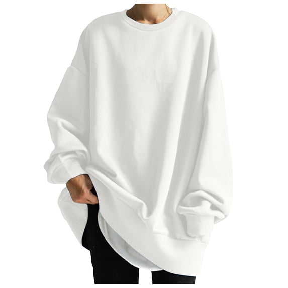 Hoodies for Women Winter Loose Crewneck Long Sleeve Bubble Cold Shoulder with Pocket Plain Leisure Cotton Top Sweatshirt(White,L)