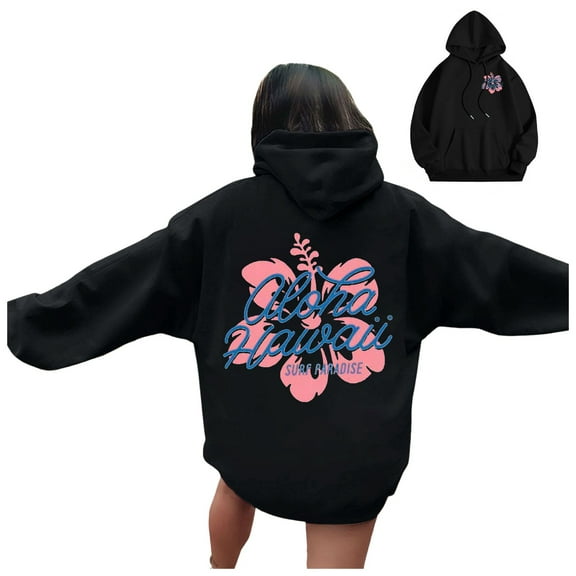 Hoodies for Women Winter Loose Hooded Long Sleeve Mitten- One Shoulder Drawstring Floral Leisure Cotton Pullover Sweatshirts(Black,XL)
