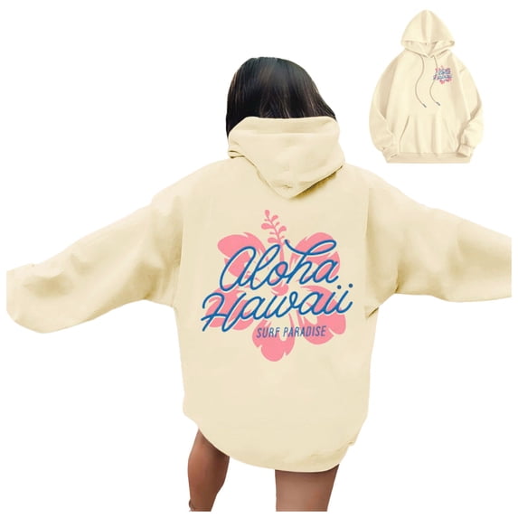 Hoodies for Women Winter Oversized Crewneck Long Sleeve Cap Drop Shoulder Drawstring Graphiprint Pullover Cotton Sweatshirt Top(Beige,XL)