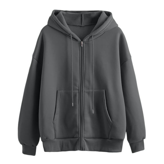 Hoodies for Women Women's Comfortable Solid Color Long Sleeve Hooded Coat Versatile Zipper Cardigan Loose Sweater Grey M