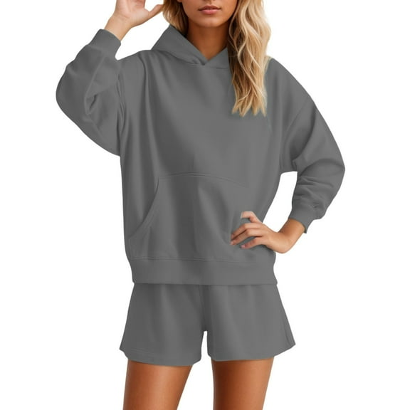 Hoodies for Women Women's Hooded Sweatshirt and Shorts Set Casual Fall Winter Outfit Pullover Tracksuit Wear Comfy Two Piece Outfit Dark Gray S