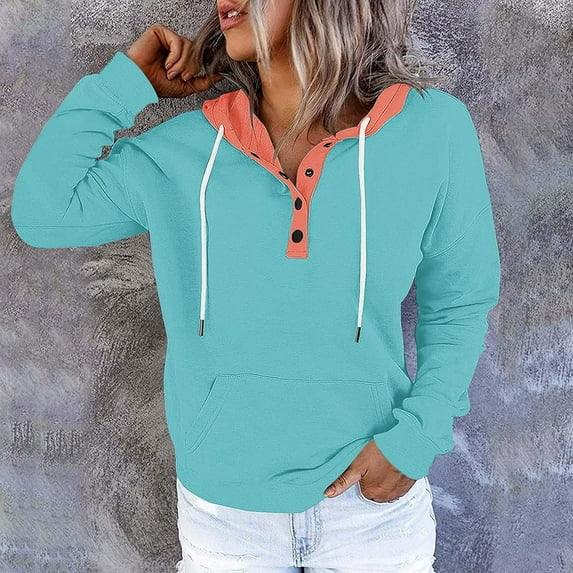 Hoodies for Women Womens Long Sleeve Tops Ndbuld Women's Contrasting Button Hat Rope Hooded Pocket Pullover Fashionable Sweatshirts Sky Blue M