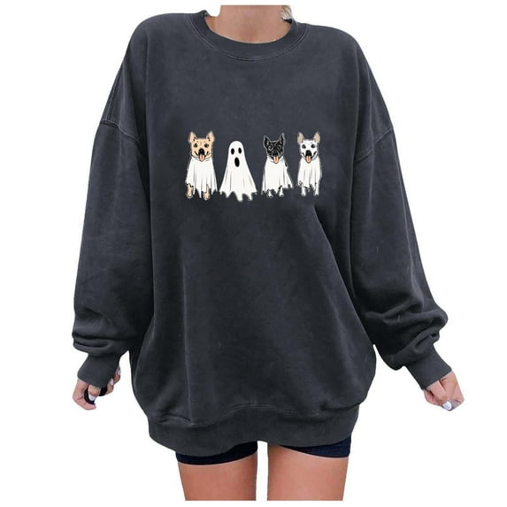 Hoodies for Women Womens Long Sleeve Tops Ndbuld Women's Printed Off Shoulder Hoodless Sweatshirt With Round Neck And Long Sleeved Top Gray M