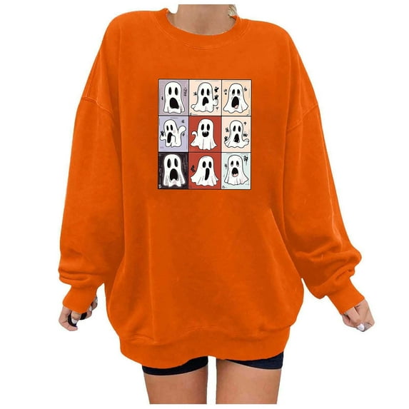 Hoodies for Women Womens Long Sleeve Tops Ndbuld Women's Printed Off Shoulder Hoodless Sweatshirt With Round Neck And Long Sleeved Top Orange XL