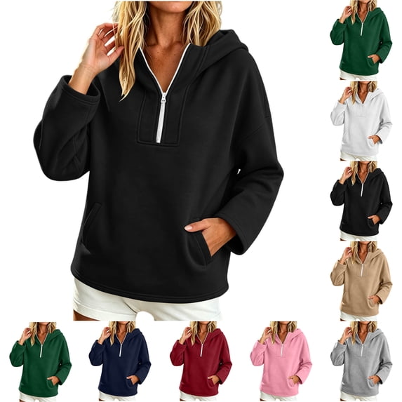 Hoodies for Women Zaewscy Fashion Women's Solid Color Winter Long Sleeve Imitation Half-zip Hooded Sweatshirt Black S