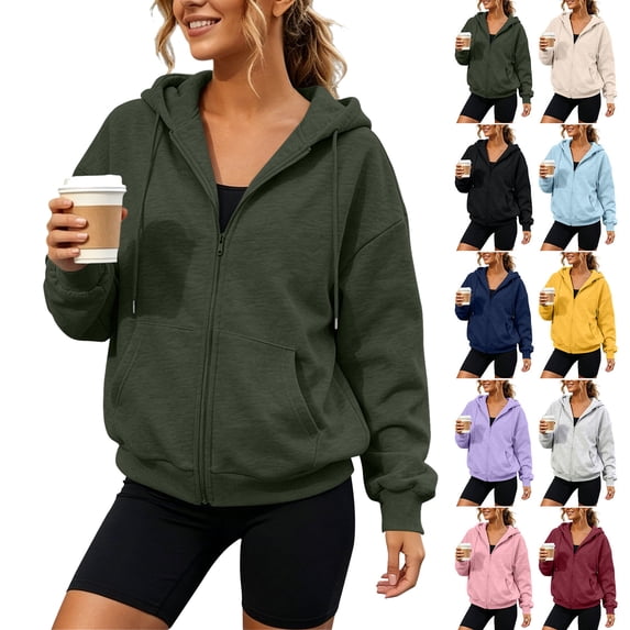 Hoodies for Women Zip Up Dqueduo Women's Solid Color Zip-Up Hooded Drawstring Sweatshirt – Drop Shoulder Kangaroo Pocket Pullover Jacket Army Green S