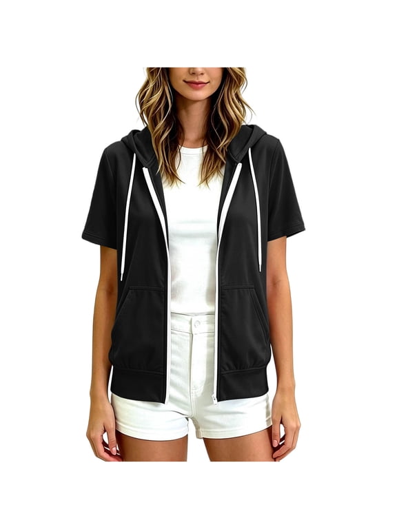 Hoodies for Women Zip Up Short Sleeve with Pocket Slim Fit Athletic Workout Outerwear Jacket