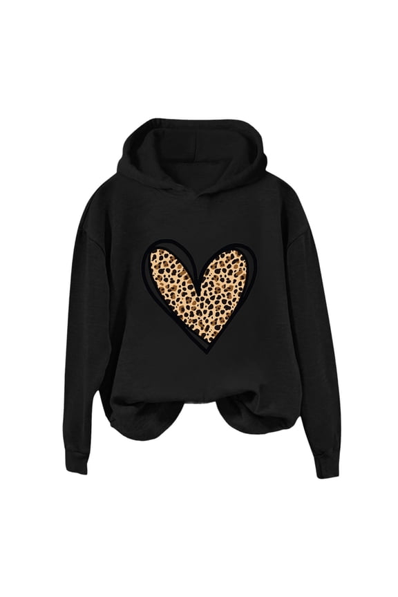 Hoodies for Women's Leopard Heart Graphic Print Sweatshirt Long Sleeve Casual Top Loose Fit Pullover