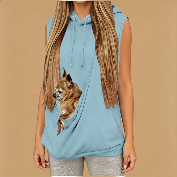 Hoodies for Women with Dog Pouch Sleeveless Hooded Sweatshirt with Kangaroo Pocket Pet Carrier Animal Holder Long Sleeve Pullover Tops