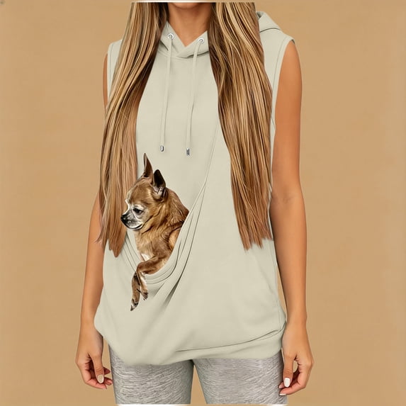 Hoodies for Women with Dog Pouch Sleeveless Hooded Sweatshirt with Kangaroo Pocket Pet Carrier Animal Holder Long Sleeve Pullover Tops