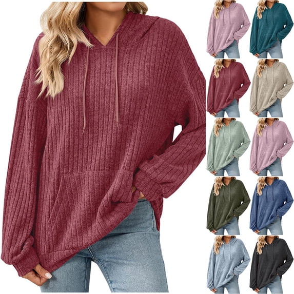 Hoodies for Womens Casual Knit Long Sleeve Drawstring Pullover Sweatshirts Trendy Sweaters Fall Hooded Sweatshirt with Pocket Tunic Tops