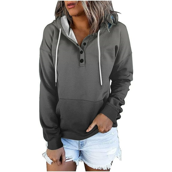 Hoodies for Womens Plus Size Color Block Long Sleeve Blouse Casual Loose Sweatershirt Button Down Drawstring Hoodies Tops with Pockets,Gray,M